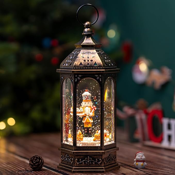 12.8'' Christmas Snow Globe Lantern, Gingerbread Man Train Will Rotate Around The Gingerbread Nutcracker with Musics Swirling Glitter Water Lantern Decoration for Home, Battery Operated or USB Powered