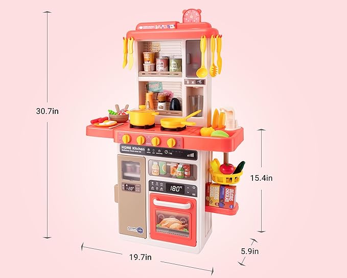 Kids Kitchen Play Set，Interactive Kids Kitchen Play Set with 50Pcs of Pretend Kitchen Toys，Realistic Sound Effects，and Simulated Functionality - Suitable for Toddlers Aged 3-5 Years(Pink)