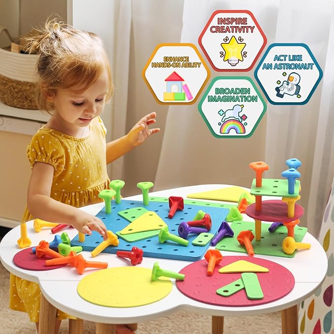 Peg Board Toy set 70Pcs DIY Building Stacking Toys for Kids 3-6 Years Old,STEM Educational Kids Toy for Brain Development,Montessori Sensory Toys,Upgrade Various Foam Board Plastic Lacing String Game