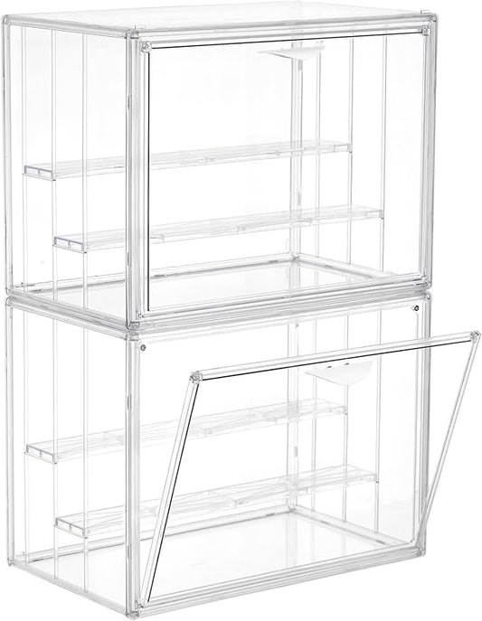 Acrylic Display Case for Collectibles 3 Layer Adjustable Figure Display Case with Magnetic Door Clear Stackable Display Box for Figures Showcase 2Pack
