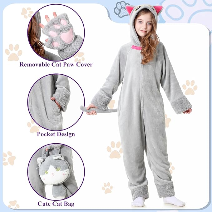 Resiwai Cat Costume for Girls and Boys, Animal Onesie Costumes with Bag and Cat Paws, Halloween Kitty Costume for Kids