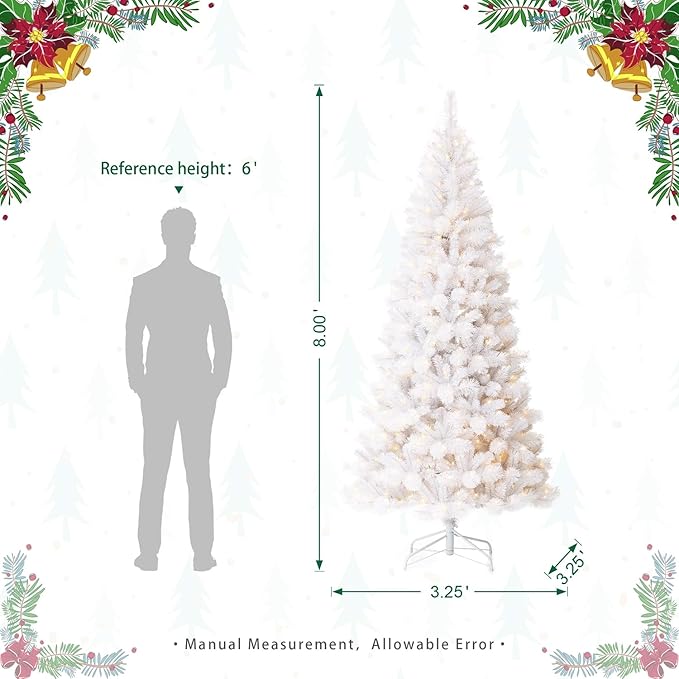 Glitzhome 8ft Pre-Lit Slim Artificial Christmas Tree, Aspen Frostfall Pine Hinged Holiday Xmas Tree with Foldable Metal Stand, 500 Warm White Lights, Ideal for Home, Office, Party Decoration