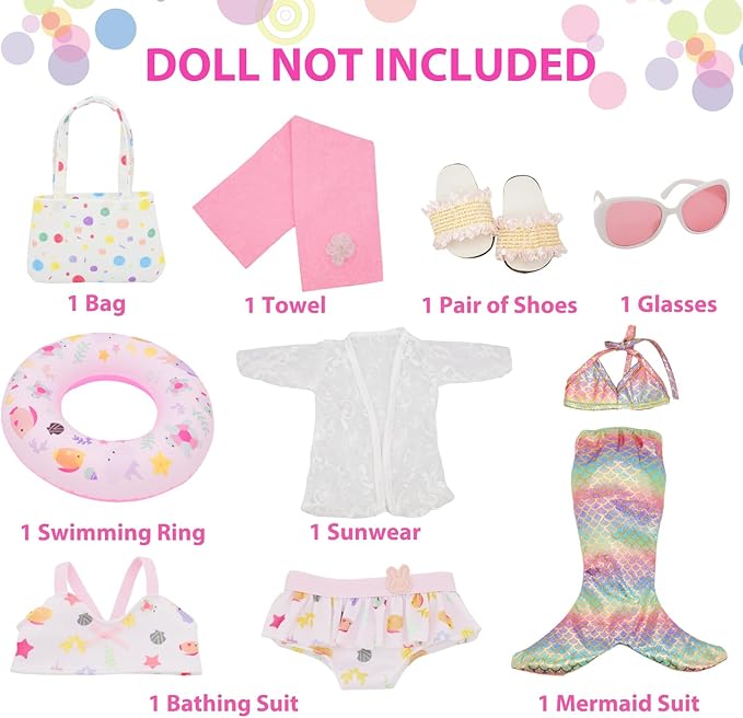 11 Pieces 18 Inch American Doll Bathing Suit Swimsuit with Accessories, Fashion 18 inch Doll Summer Outfits Including Mermaid Outfits,Swimming Circle,Bag,Phone,Shoes,Towel Set