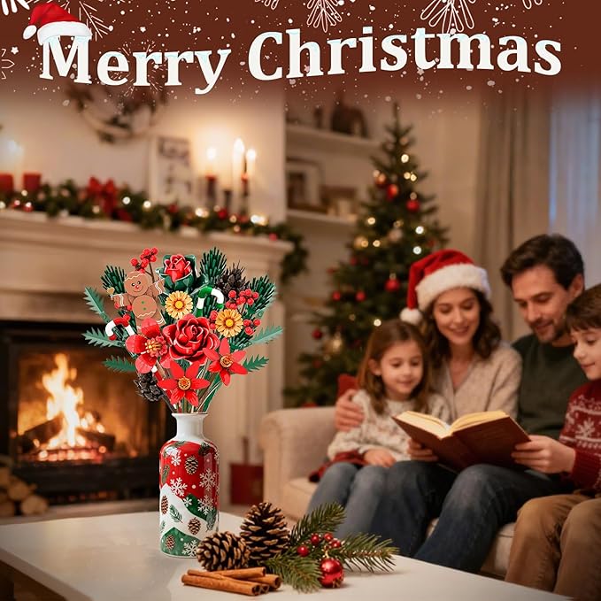 Christmas Flowers Bouquet Building Set, Xmas Botanical Collection Compatible with Lego Flowers for Home Living Room Christmas Decor, Xmas Gift for Grandkids & Teens, 865 PCS