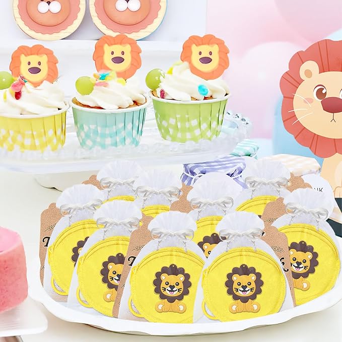 36 Pack Lion Change Purses Set Include 12 Lion Wallets with Keyrings, 12 Thank You Tags and 12 Organza Bags for Lion Jungle Safari Animals Baby Shower Wild ONE Party Supplies,Yellow