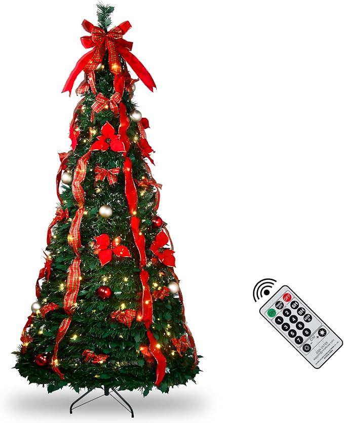 6FT Pop Up Christmas Tree with Prelit Lights and Decorations & Remote & Timer, Pull Up Artificial with Christmas Ball Ornaments Bows Ribbons for Xmas Party Decor
