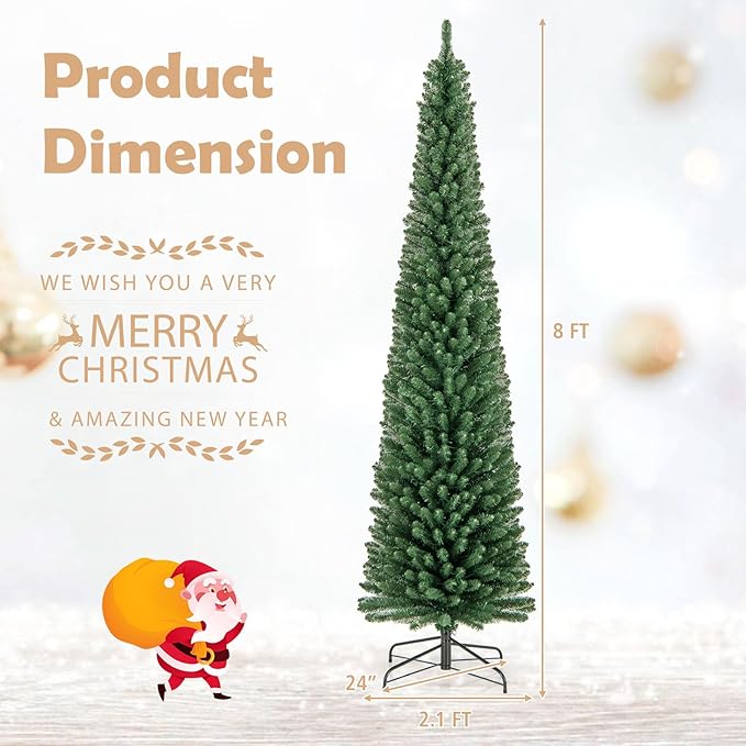 GOFLAME 8FT Prelit Pencil Christmas Tree, Slim Artificial Xmas Tree with 671 Memory Wire Branch Tips, 250 Warm White LED Lights & Upgraded Metal Stand, Seasonal Holiday Decoration Tree for Home Party