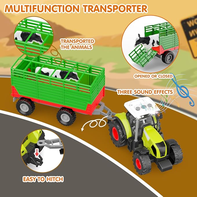 Dwi Dowellin Farm Animal Toys Set,69 Pcs Farm Toys with Tractor with Trailer,Horse Stable Grain Bins Horse Cow Farmer Figures Fence Playset for Kids Toddlers Boy Girl 3-12 Years Old