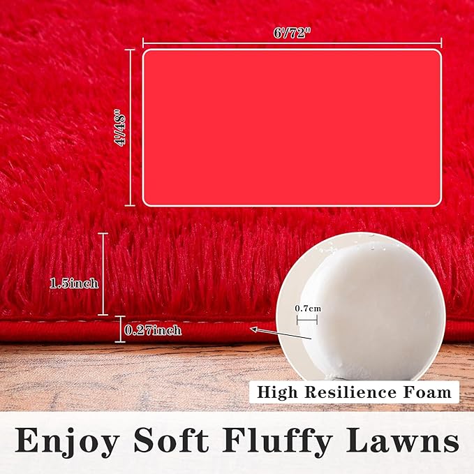 5'x7' Super Fluffy Rug for Bedroom, Modern Shag Red Area Rugs, Soft and Cozy Plush Large Carpet for Kids, Girls Boys and Teens Decorations for Living Room Dorm Nursery Classroom, Red