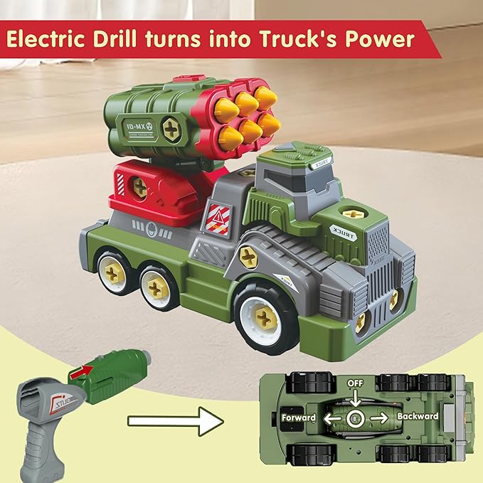 11inches Large Take Apart Army Toys for Boys Girls Kids 3-5 6-8 Year Old Missile Katyusha Rocket Trucks with Electric Drill Assembly Toy Set Gifts