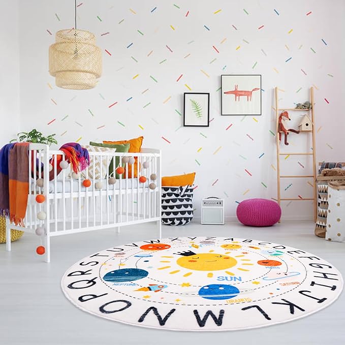 ABC Kids Rug,5.2 ft Washable Nursery Rug,Soft Plush Educational Circle Rug,Non-Slip Solar System Alphabet Rug for Classroom playroom Bedroom Kids Room Decor