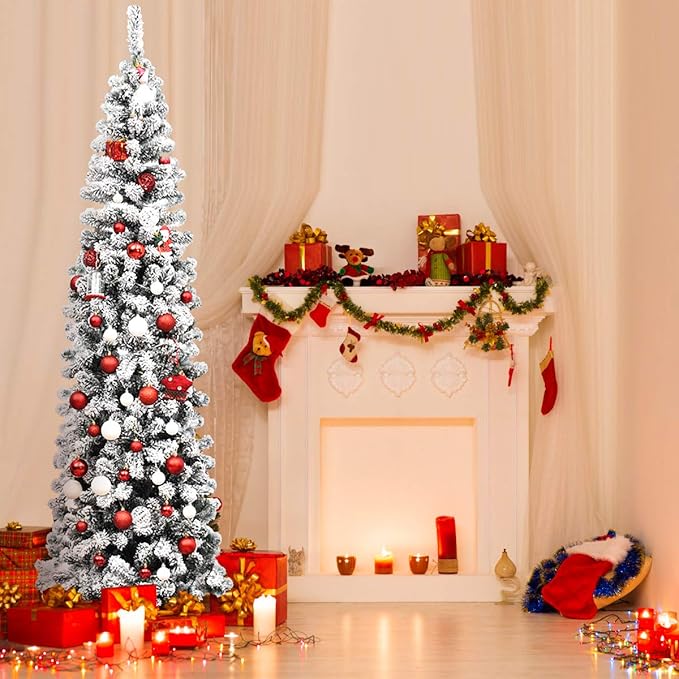 Happygrill 7.5FT Snow Flocked Pencil Christmas Tree Artificial Xmas Tree for Indoor Outdoor, Slim Christmas Tree for Festival Decoration