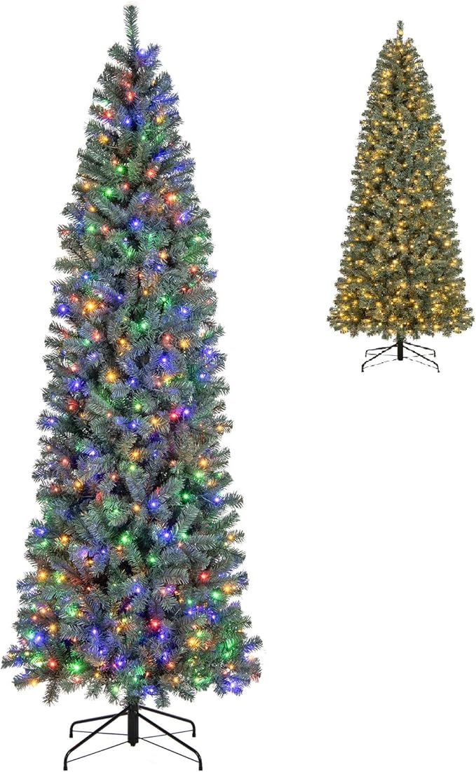 GOFLAME 9FT Pre-Lit Pencil Christmas Tree, Hinged Artificial Xmas Tree with 1168 Branch Tips, 500 LED Lights, 9 Lighting Modes & Folding Metal Stand, Slim Holiday Decoration Tree for Home Party