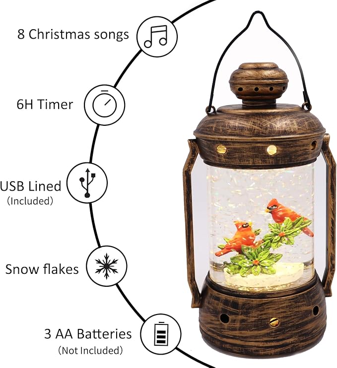 9 in Christmas Cardinal Snow Globe Lantern,Xmas Glittering Snowing Globe with Music,6 Hours Timer, USB Powered/Bateetry Operated Lighted Decoration Gift for Indoor Use