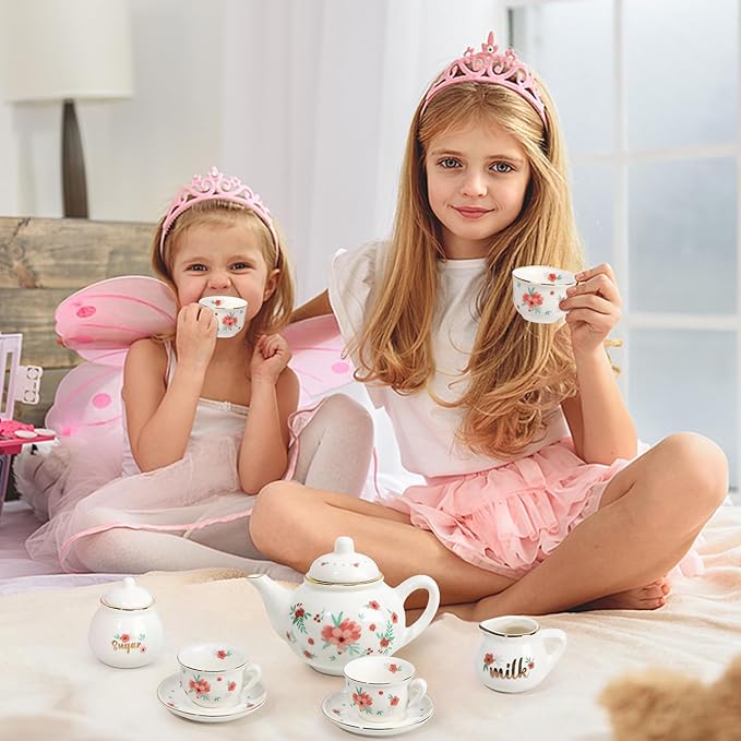 Porcelain Tea Set for Girls, Tea Party Set for Little Girls, Kids Tea Set Kitchen Pretend Play, Princess Tea Time Playset with Ceramic Teapot Cups Carry Case, Toddler Girl Toys Birthday Gifts Age 3+