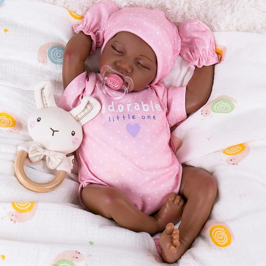 Aori Lifelike Reborn Baby Dolls Black - 18 Inch Realistic American Newborn Real Life Black Girl with Feeding Kit & Gift Box for Kids Age 3+