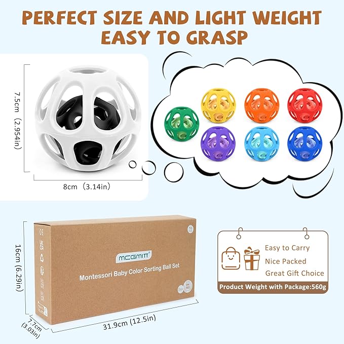 MCGMITT Baby Ball Toy with Holes, 8PCS Easy Grip Food Grade Silicone Baby Toys 0-6 Months, Colorful Soft BPA Free Montessori Baby Teethers 6-12 Months, Stretchy Newborn Infant Sensory Balls