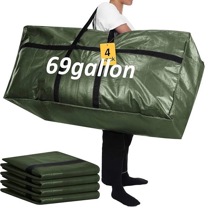 Windyun 4 Pack 69 Gallon Extra Large Storage Bag XXL Moving Bag with Zipper Handle Heavy Duty Jumbo Big Tote Box for Halloween Skeleton 4-12 Feet Christmas Tree Storage College Dorm Cloth (Army Green)