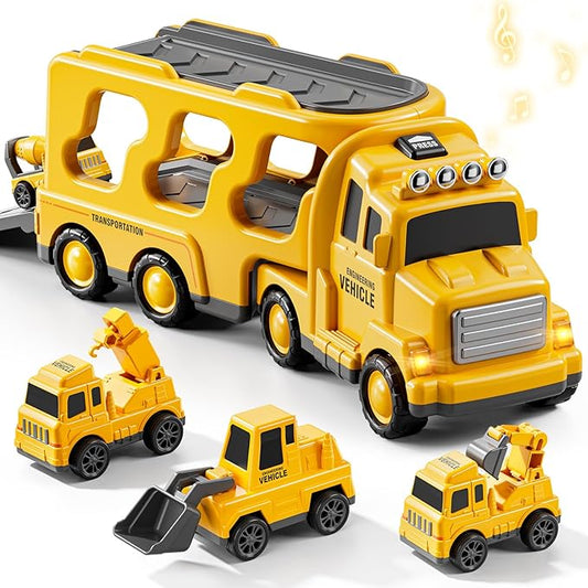 5 in 1 Construction Toys Cars for Toddler Ages 2-4, Transport Vehicle with Sounds and Lights, Excavator Toy for Boys, Christmas Birthday Gifts for Kids 2 3 4 5 6 Years Old