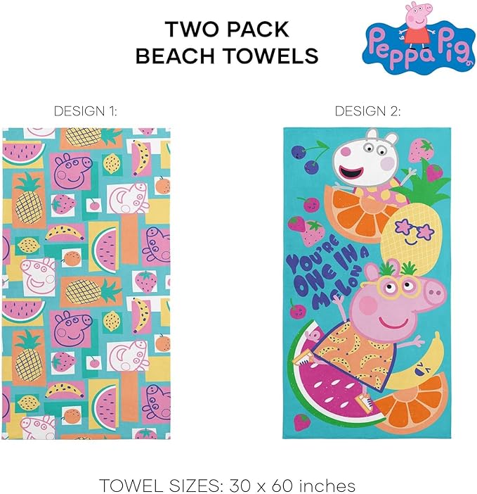 NORTHWEST Peppa Pig Beach Towel Set, 2-Pack Oversized - Soft, Fast-Drying, Sand-Free Pool Towels with Fruit Salad & One in a Melon Designs 30" x 60"