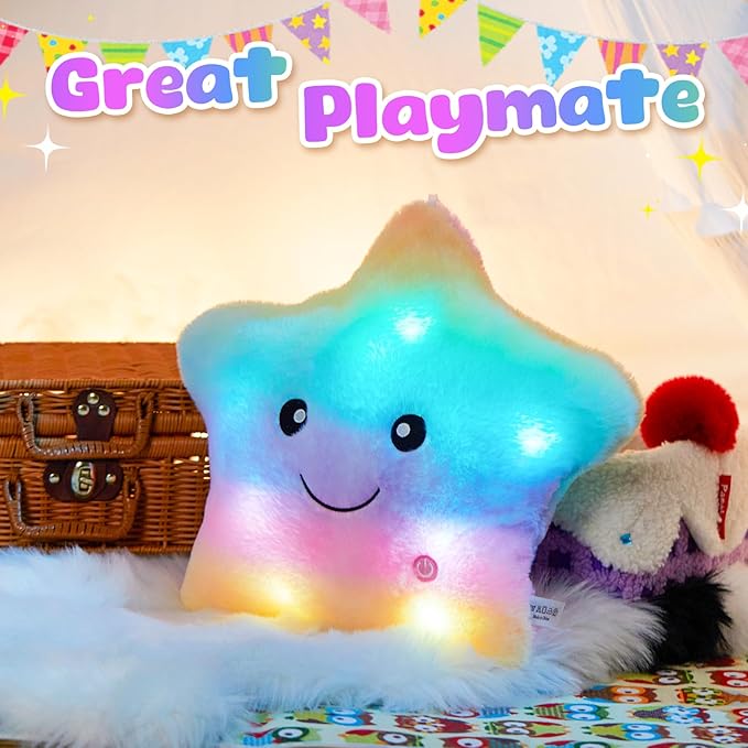 WEWILL 13'' Rainbow Light up Twinkle Star Glowing LED Night Light Plush Toy Pillows Stuffed Animal Birthday Christmas Holiday Valentines Gifts for Toddlers Girls