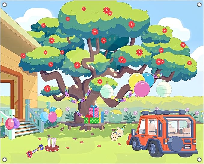 10x8FT Cartoon Dog Garden Tree Backdrop, Blue Sky Ballon Birthday Polyester Photography Background for Parties, Happy Birthday Photo Booth Prop Decorations