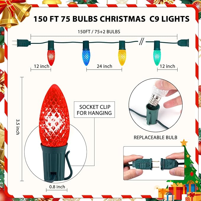Minetom C9 LED Commercial Outdoor Christmas Lights – 150 FT Heavy Duty Christmas String Lights, Waterproof Connectable UL Certified Multicolor C9 Lights for Indoor Roofline Xmas Decor