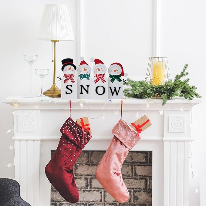 Christmas Decorations for Home Farmhouse Snowman Decor Indoor Wooden Merry Christmas Sign Rustic Holiday Tabletop Block Xmas Party Gift