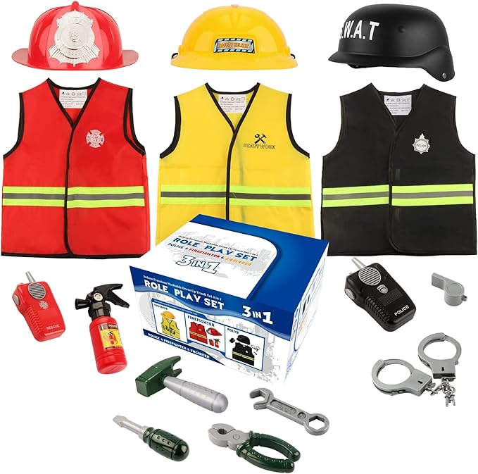 Boys Dress up Trunk Costumes Set,15pcs Pretend Role Play Set Fireman, Police, Construction Worker Costume with Accessories for Kids Ages 3-7
