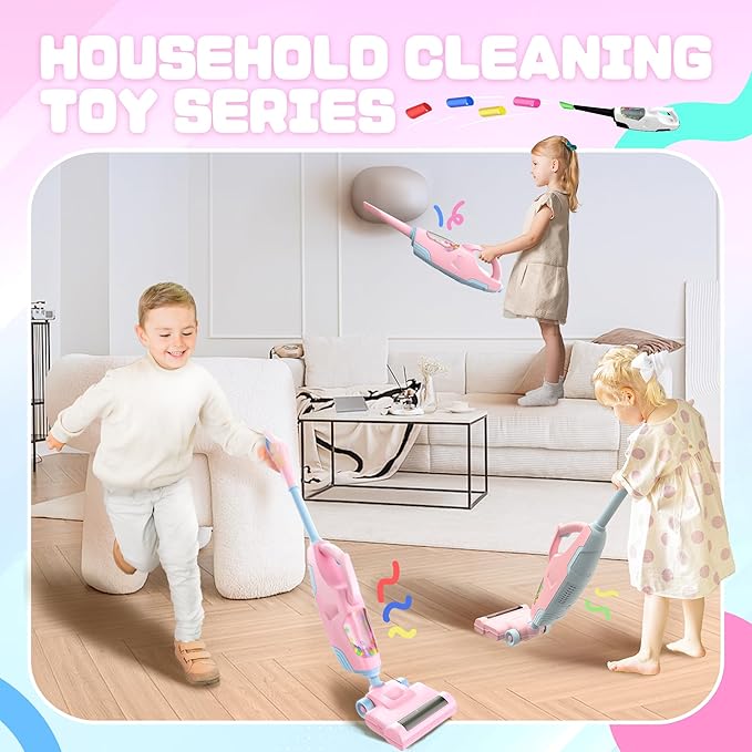 Toy Choi's 2-in-1 Kids Vacuum That Really Works - Toy Vacuum for Toddlers with Sound Effects, Pretend Play Kids Vacuum Cleaner, Household Housekeeping Toys for Boys Girls (Pink)