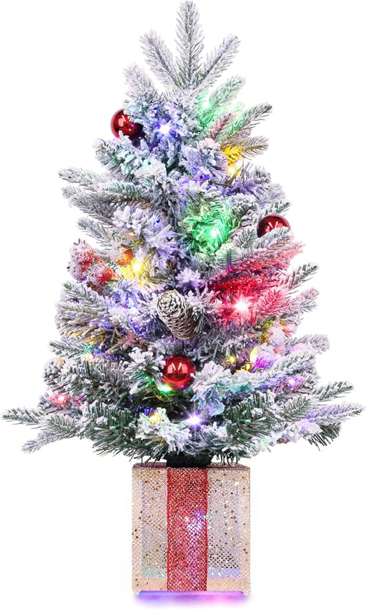 Brightever 2FT Small Christmas Tree, Prelit Mini Christmas Tree with 50 Multi-Color LED Lights, Gold Gift Box Base, Battery Operated Little Xmas Tree for Table Top, Pinecone & Berries Included, Green