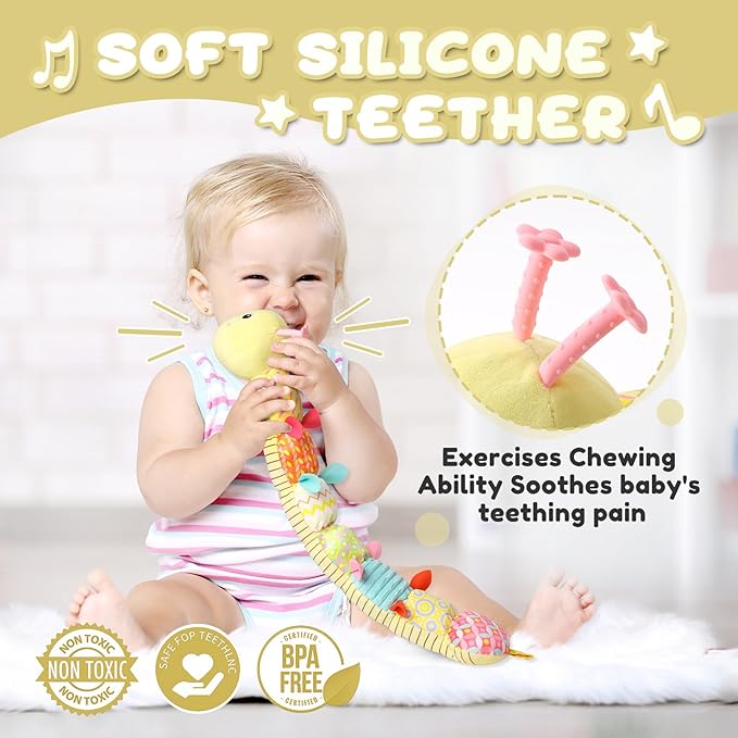 Baby Toys 0 to 12 Months, Musical Stuffed Animal Activity Soft Toys with Multi-Sensory Crinkle, Rattle and Textures, Infant Tummy Time Toys for Newborn Boys Girls, Caterpillar, Yellow