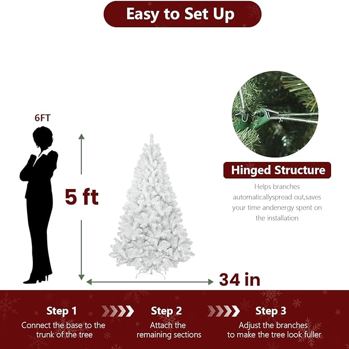 5ft White Christmas Tree with 498 Steel Branch Tip,Unlit Premium Full Hinged Spruce Christmas Tree with Foldable Base, Artificial Xmas Tree for Easy Holiday Setup