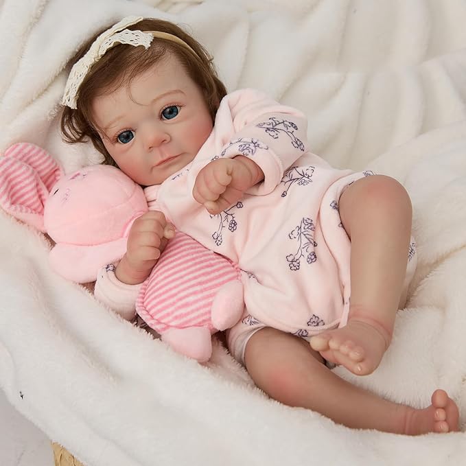 17" Realistic and Cute Reborn Baby Girl Opened Her Eyes with Bright Eyes Brown Hair Named Claire, Handmade Lifelike Reborn Doll, Advanced Painted Vinyl Gift Set for Kids Age 3+