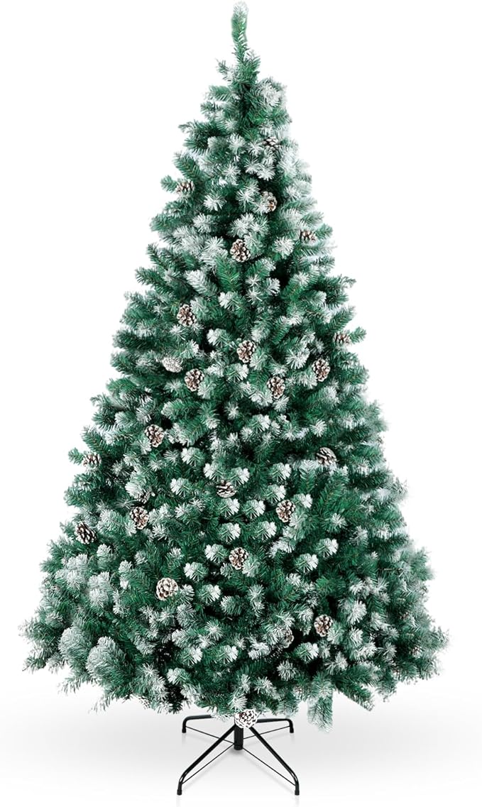 6FT Artificial Christmas Tree, Unlit Hinged Premium Xmas Trees with 800 Branch Tips, 30 Pine Cones, Foldable Metal Stand for Home, Office, Holiday Party Decoration