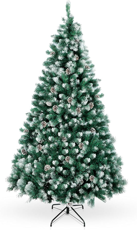 6FT Artificial Christmas Tree, Unlit Hinged Premium Xmas Trees with 800 Branch Tips, 30 Pine Cones, Foldable Metal Stand for Home, Office, Holiday Party Decoration