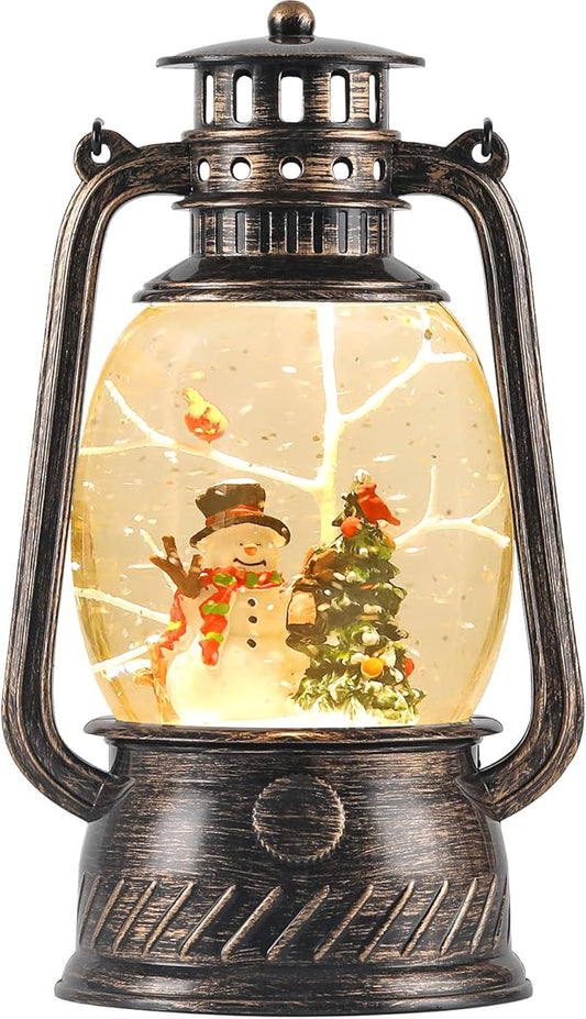Christmas Snow Globe Lantern with Swirling Glitter and Battery & USB Powered Light 6H Timer for Christmas Home Decoration and Gift (Christmas Tree and Snowman)