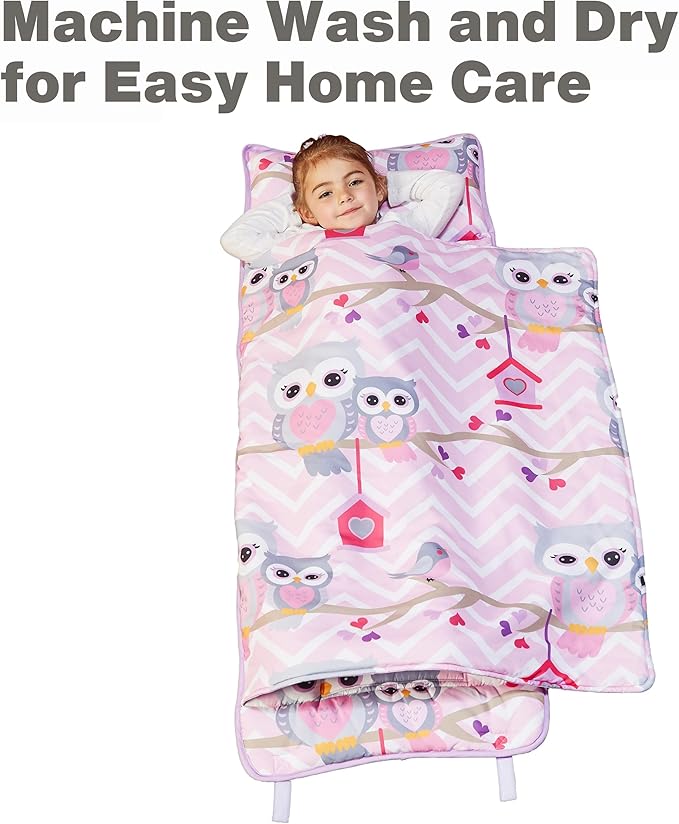 EVERYDAY KIDS Nap Mat with Removable Pillow - Sweet Owls - Carry Handle with Straps Closure, Rollup Design, Soft Microfiber for Preschool, Daycare, Travel Sleeping Bag - Ages 3-6 Years