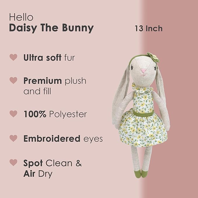 MON AMI Daisy The Bunny Stuffed Animal Doll – 13”, Rabbit Plush Animal Doll, Use as Toy or Room Decor, Great Easter for Kids of All Ages