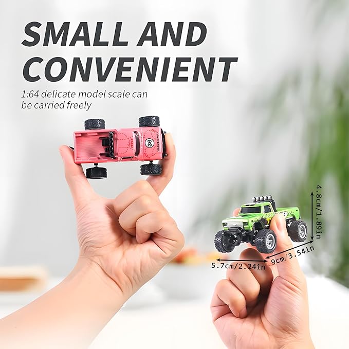 Mini Rc Truck, 1:64 Scale Monster Truck Remote Control Car with Lights, 2.4Ghz Remote Control, Speed/Steering Adjustable (Green)
