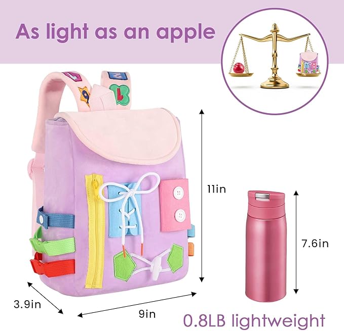 Busy Board - Toddler Backpack with Buckles and Learning Activity Toys - Develop Fine Motor Skills and Basic Life Skills - Learn to Tie Shoes - Children's Travel Toy (Purple)