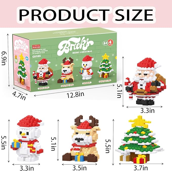 Christmas Building Blocks Set 4 in 1 Compatible with Lego Christmas Micro Blocks Stacking New Toys Holiday Present Box New Year Birthday Gifts for Kids 7 8 9 10 11 12 Years Old (4IN 1)
