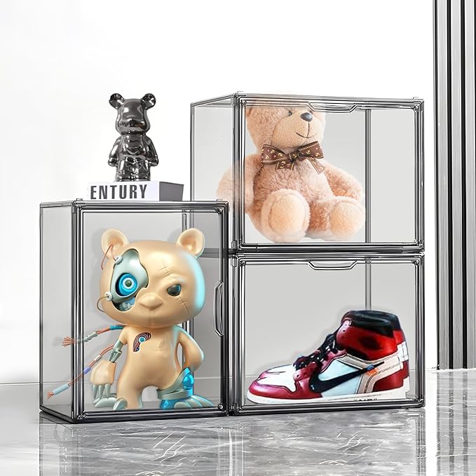 Clear Stackable Plastic Storage Bins with Magnetic Lid, Dustproof Book & Cosmetic Display Cases, Large Figures Collectibles Showcase, Shoe Box, Protection Organizer (Gray, L-1 Pack)