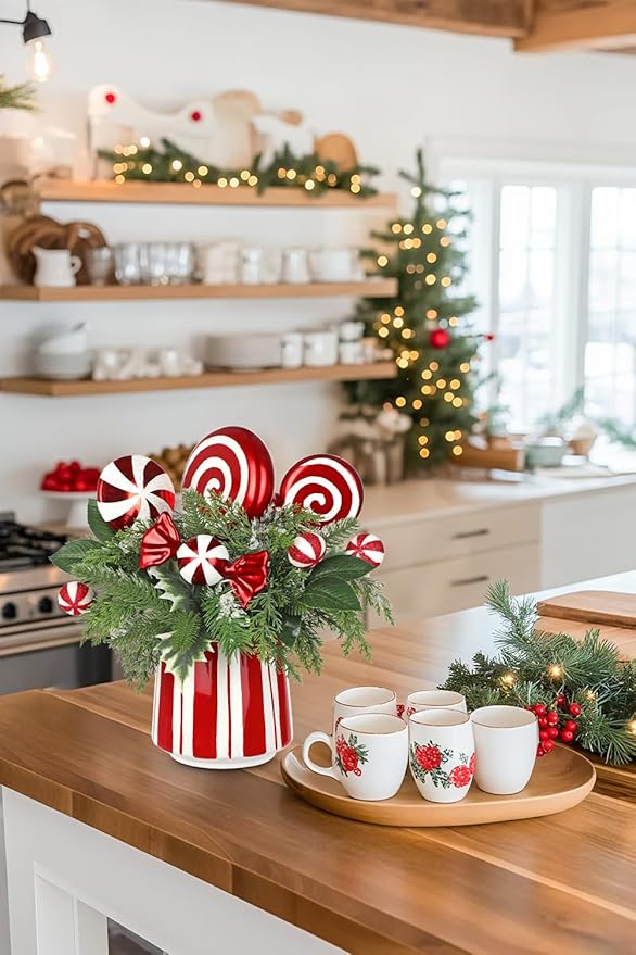 Christmas Table Centerpieces Decorations 12.9" Artificial Small Christmas Tree Potted Plant with Red and White Lollipop Candy Canes Pine Cones for Indoor Home Xmas Party Arrangement Centerpieces Decor