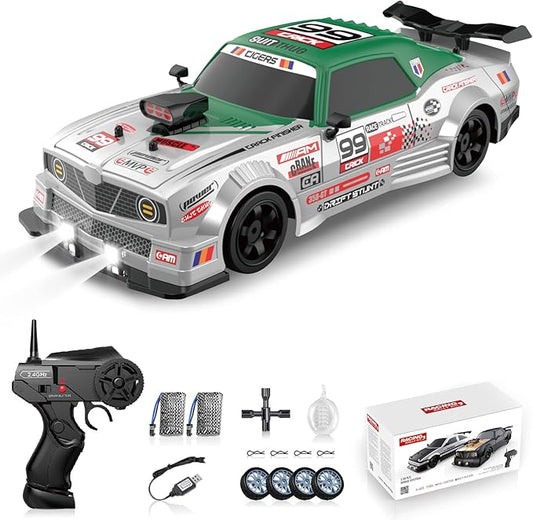 RC Drift Car 2.4GHz 1:16 Scale 4WD High Speed Remote Control Cars Vehicle with LED Lights Two Batteries and Drifting Tires Racing Sport Toy Cars for Adults Boys Girls Kids