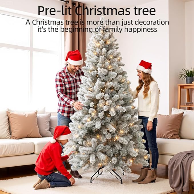 Prelit Christmas Tree with Lights 7.5ft, Premium Snow Flocked Artificial Christmas Tree,with 1364 Branch Tips and 550 Warm Lightsm, Support Automatique, Perfect Choice for Christmas Xmas Decorations
