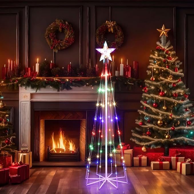 3 Pack LED Animated Christmas Tree, 4' 5' 6' Multicolor Lightshow Lighted Cone Wire Tree With Topper Star, Indoor Outdoor Decorations for Yard Patio