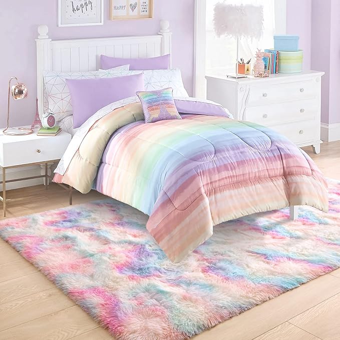 Ompaa Soft Fluffy Rainbow Kids Rug for Girls Bedroom Carpets, 6x9 Feet, Pastel Unicorn Room Decor, Kawaii Tie Dye Rugs for Teens Dorm Aesthetic, Shaggy Nursery Area Rug for Baby Toddler Princess Room