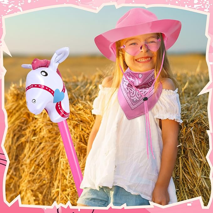 Xtinmee 48 Pcs Kids Cowboy Party Favor with Cowboy Hats Inflatable Stick Horses Bandanas Heart Glasses for Kid Costume(Pink)