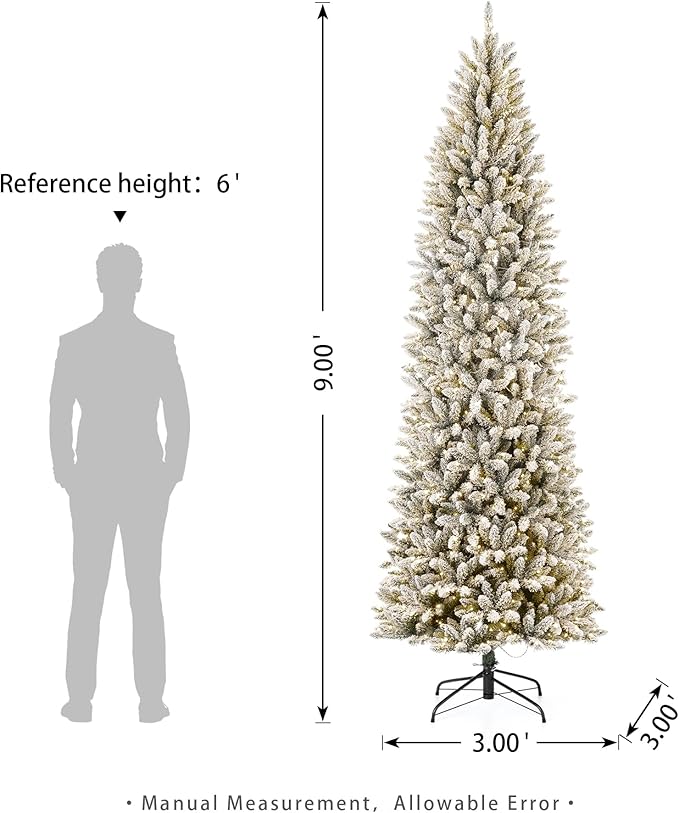 Glitzhome 9ft Prelit Christmas Tree, Snow Flocked Christmas Trees with 600 Warm White Lights, Pencil Christmas Tree Snowy Splendor Fir Artificial Tree w/1860 Branch Tips and Foldable Metal Stand